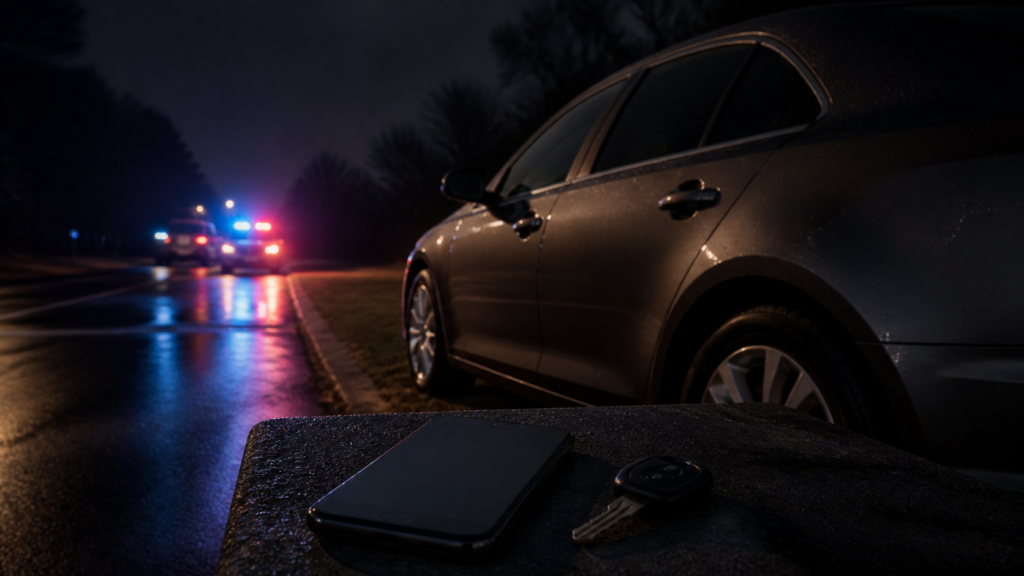 A car stopped on a wet Illinois roadside at night after a DUI arrest