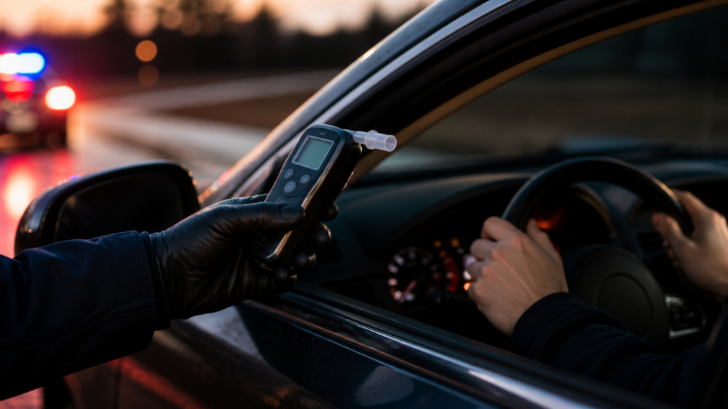 A breath-testing device presented through a car window during an Illinois DUI stop