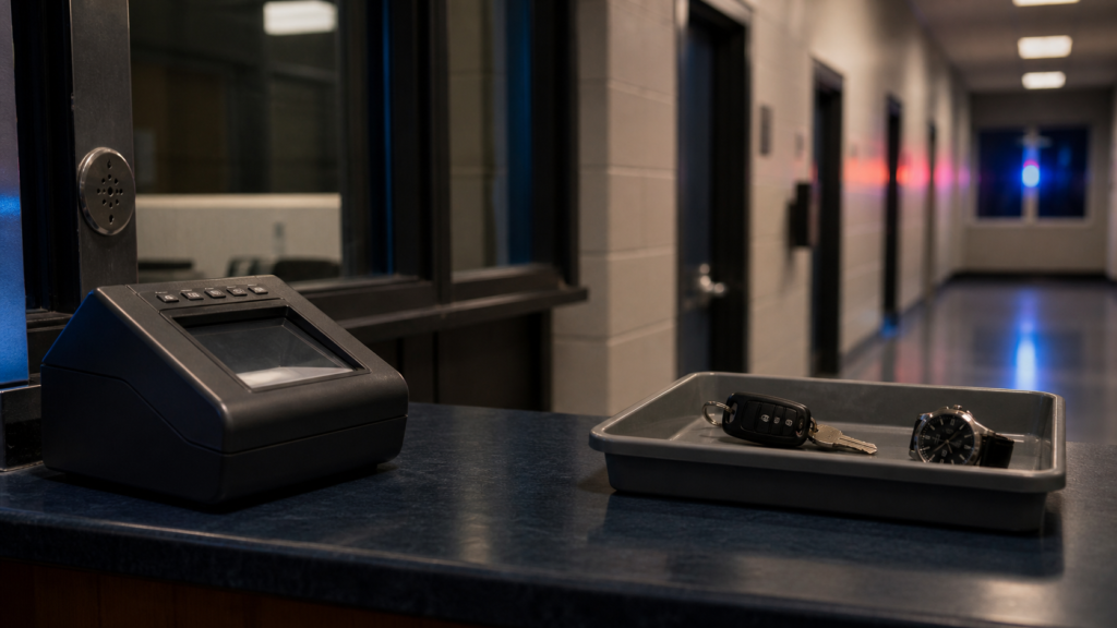A DUI booking counter with a fingerprint scanner, car keys, and personal property tray