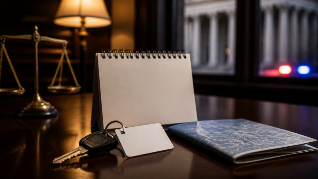 Car keys, a blank license card, calendar, and road map after an Illinois DUI arrest