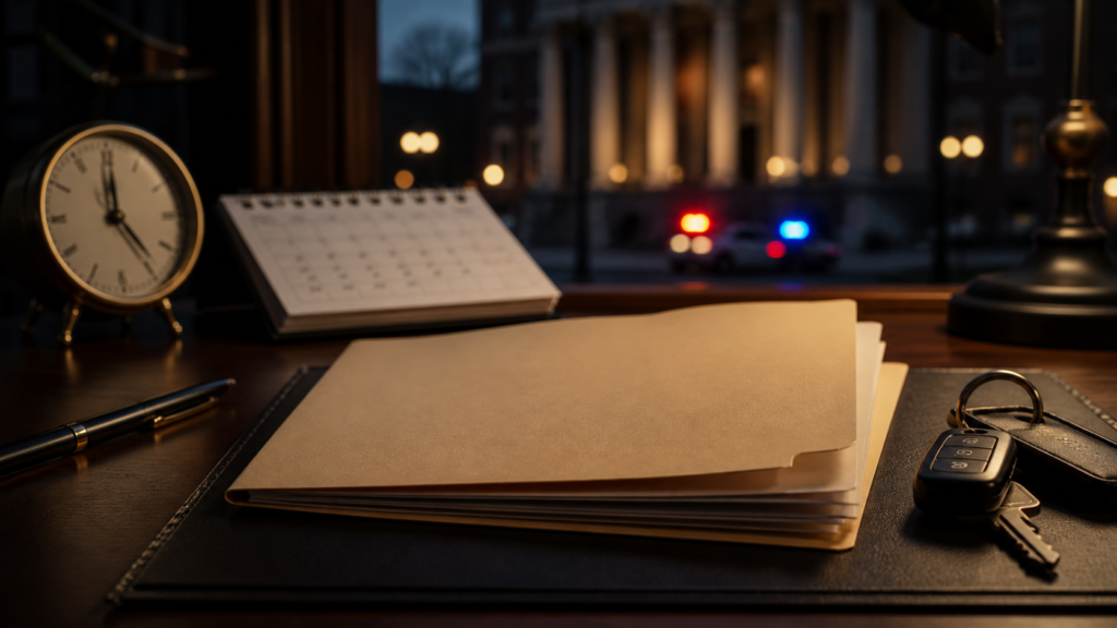 A blank legal case file, clock, calendar, and car keys representing the DUI charging timeline