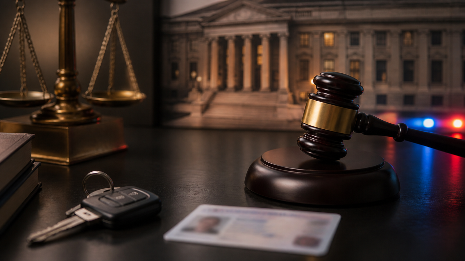 A judge's gavel, car keys, and courthouse representing Illinois DUI penalties