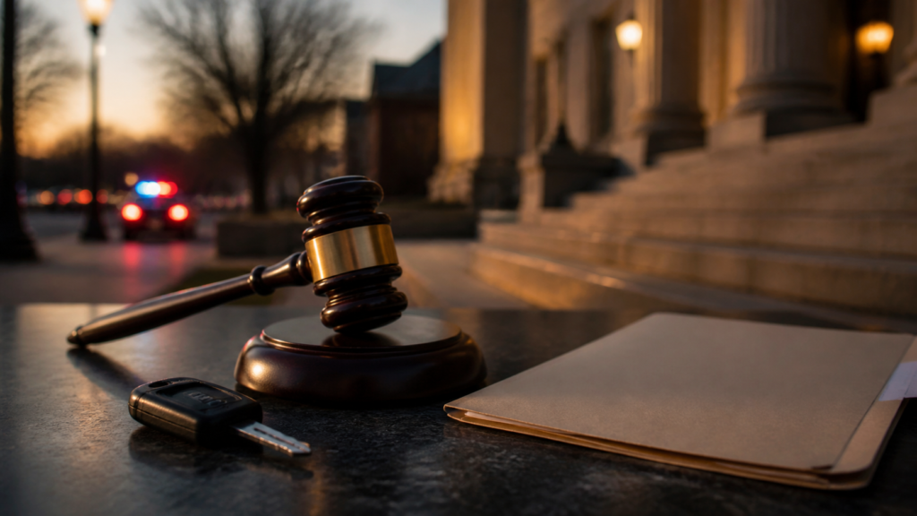 A single car key, gavel, and case folder representing first DUI penalties in Illinois