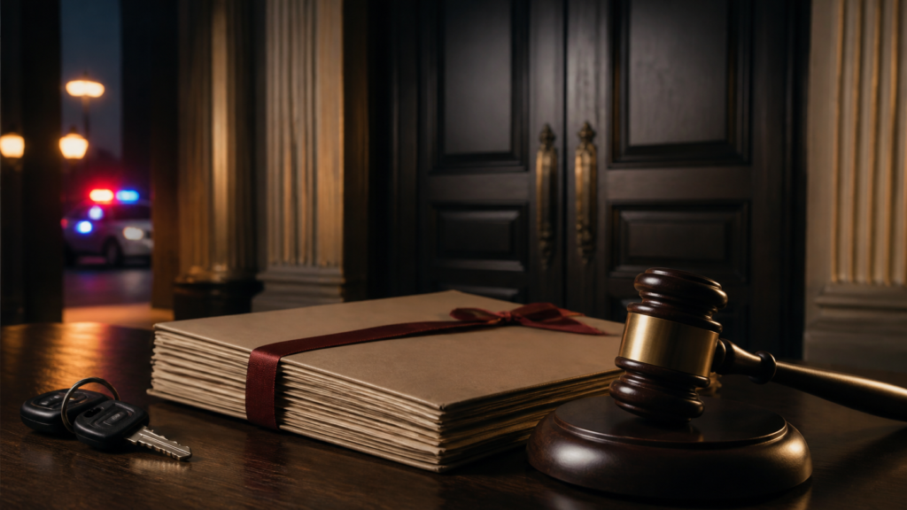 A thick court file, gavel, and car keys representing aggravated DUI penalties