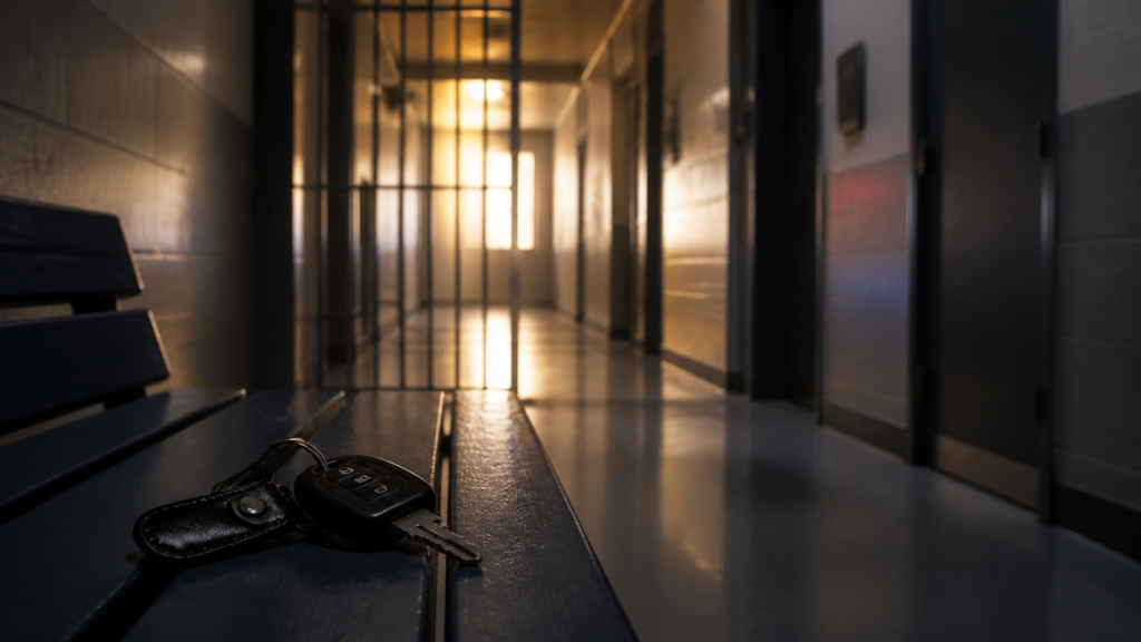 Car keys on a bench outside an empty detention corridor