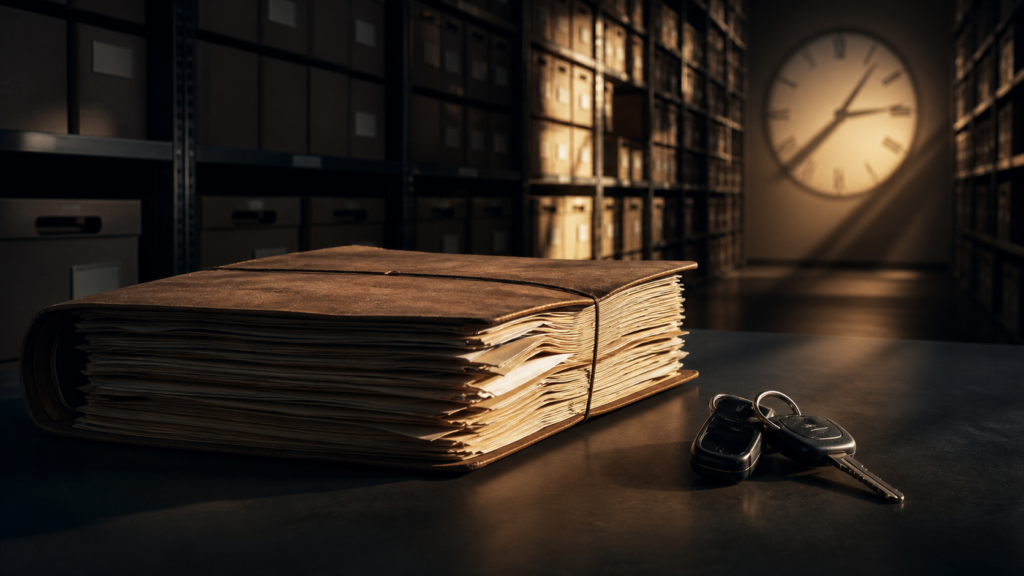 A thick archived case file and car keys in a courthouse records room