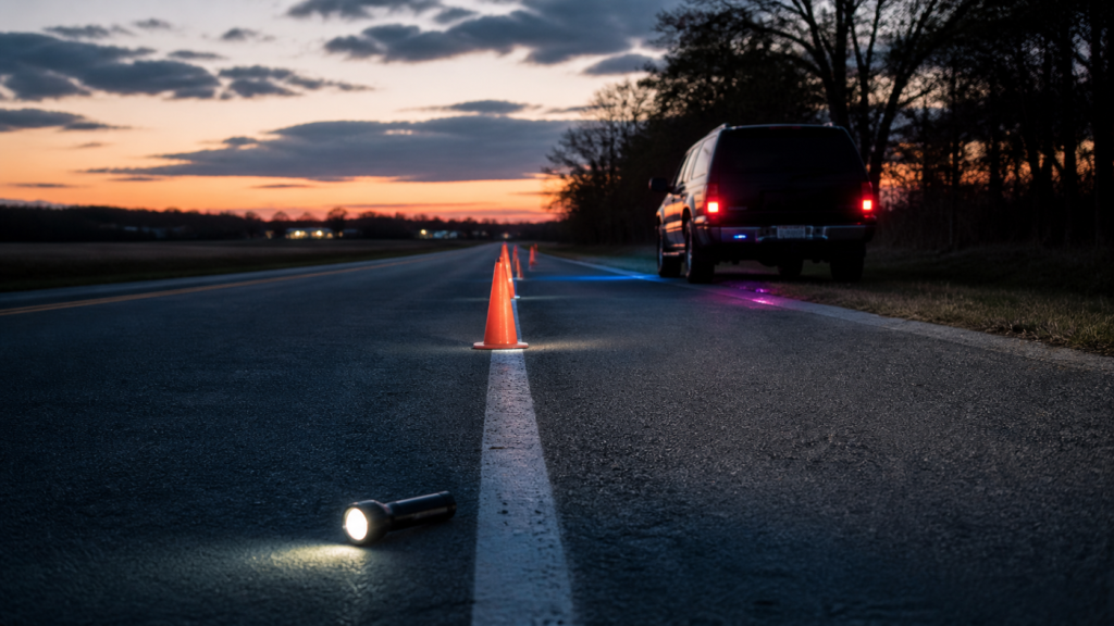 A roadside walking line, cones, and flashlight used for field sobriety tests