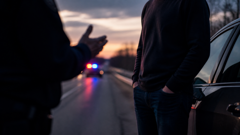 A driver responding to a field sobriety test request beside a stopped car