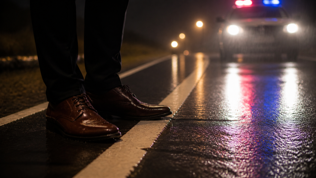 Shoes on a wet and uneven roadside line during a field sobriety test