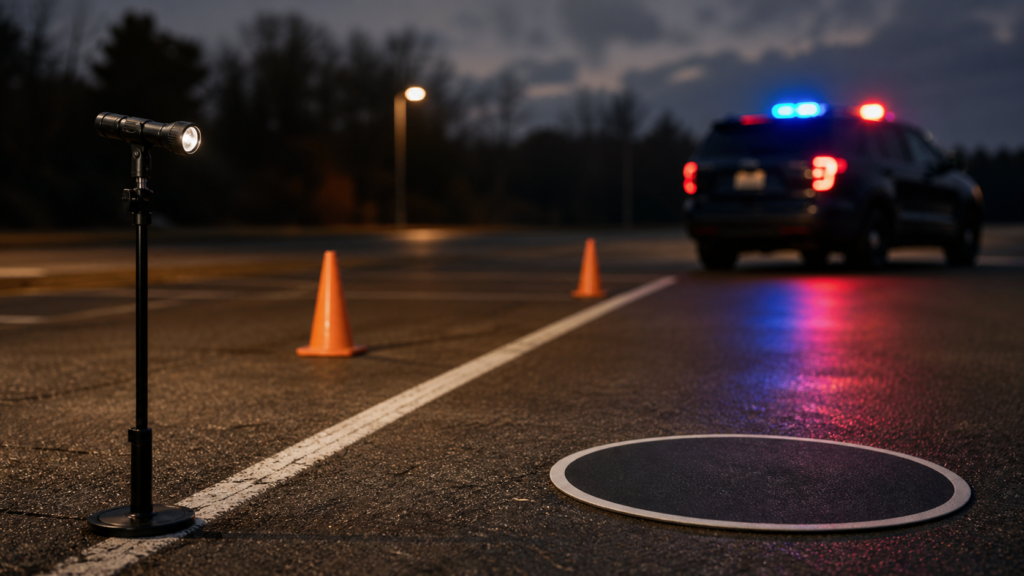 A penlight, walking line, cones, and standing marker for standard field sobriety tests