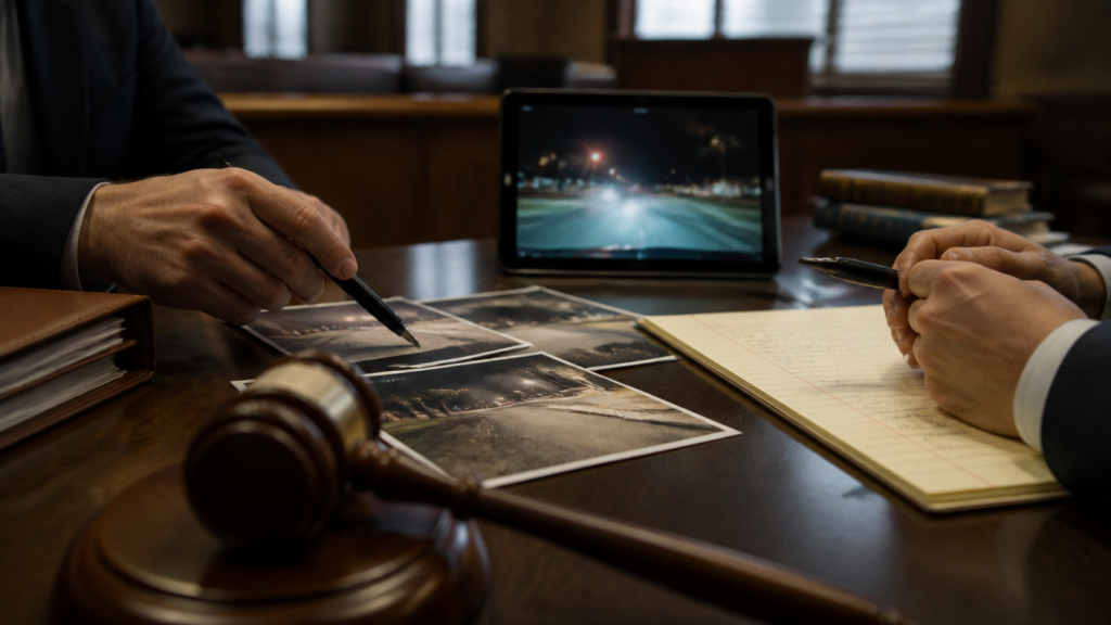 Attorneys reviewing roadside photographs and video evidence in court