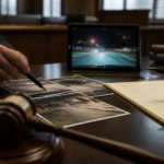 Attorneys reviewing roadside photographs and video evidence in court