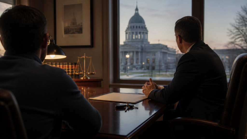 A client consulting a DUI defense lawyer in a professional Illinois law office