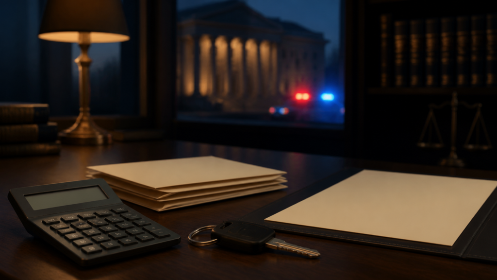 A calculator, legal files, and car keys representing the cost of an Illinois DUI lawyer