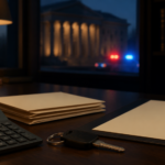 A calculator, legal files, and car keys representing the cost of an Illinois DUI lawyer